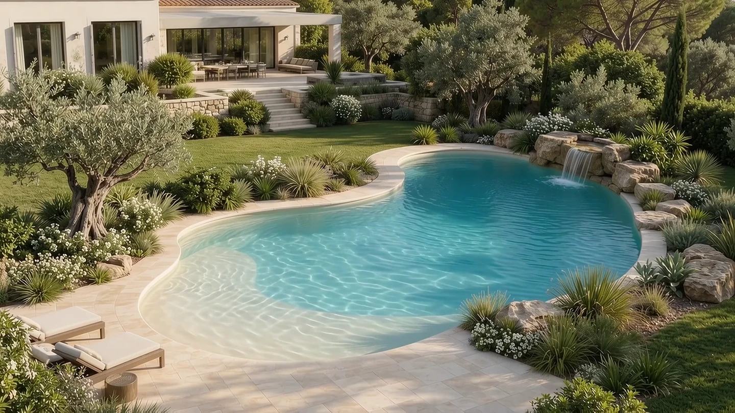 Onde, piscine lagon avec cascade dans un jardin paysager
