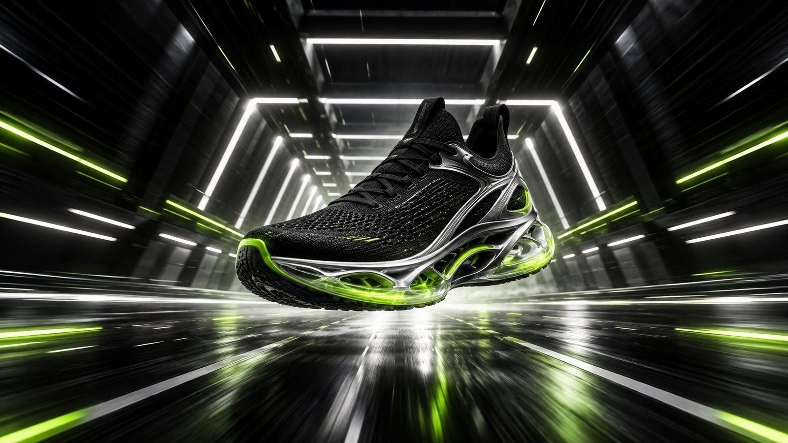 VOLT Performance Lab, chaussure de running dans un tunnel futuriste vert électrique