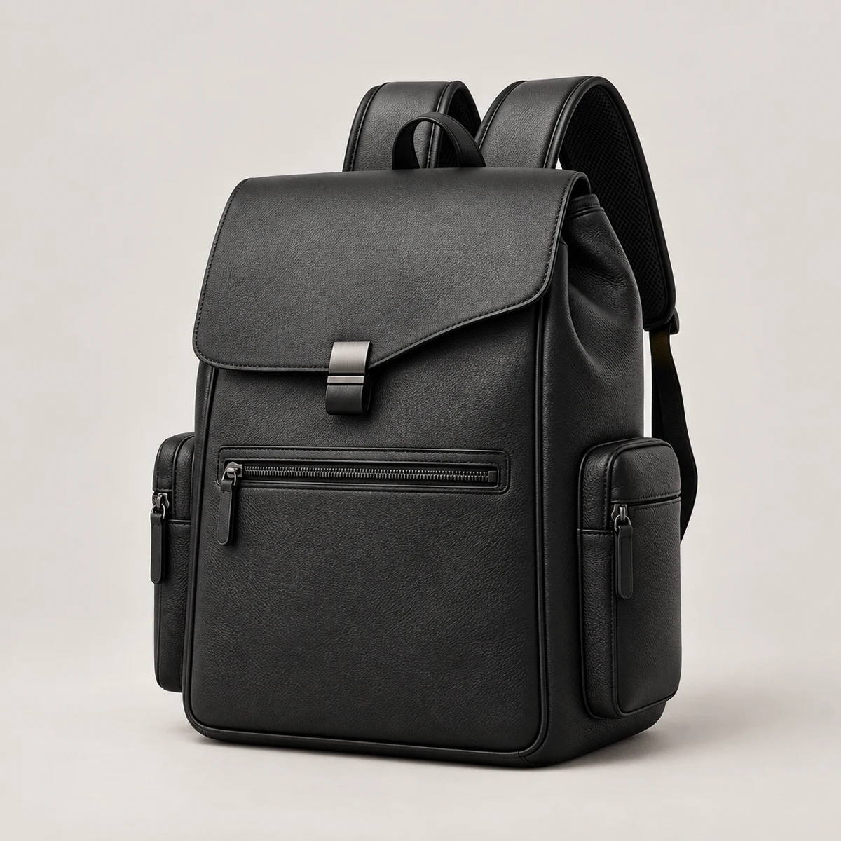 Gros plan sur le cuir grainé noir et le fermoir brossé du sac Arc 02