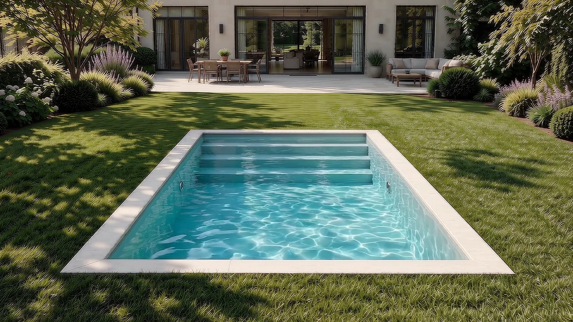 Projection après : piscine rectangulaire remplie dans le jardin